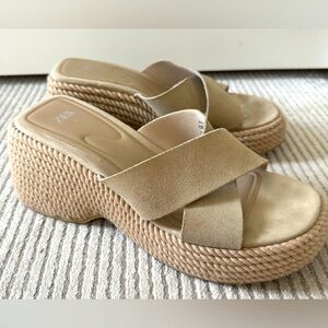 Zara Suede Leather Wedges Espadrilles Sandals
